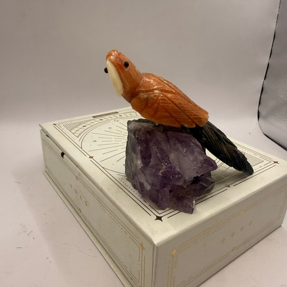 Unbranded Other - Semi Precious gemstone Bird figure Orange and Green Parrot on Amethyst